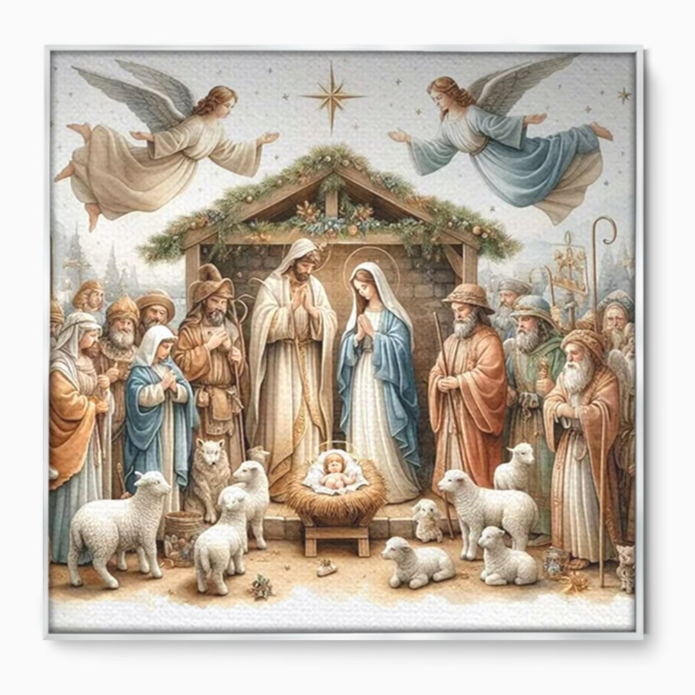 Tablou canvas cu ilustratie religioasa cu scena nasterii domnului, in rama de aluminiu argintiu